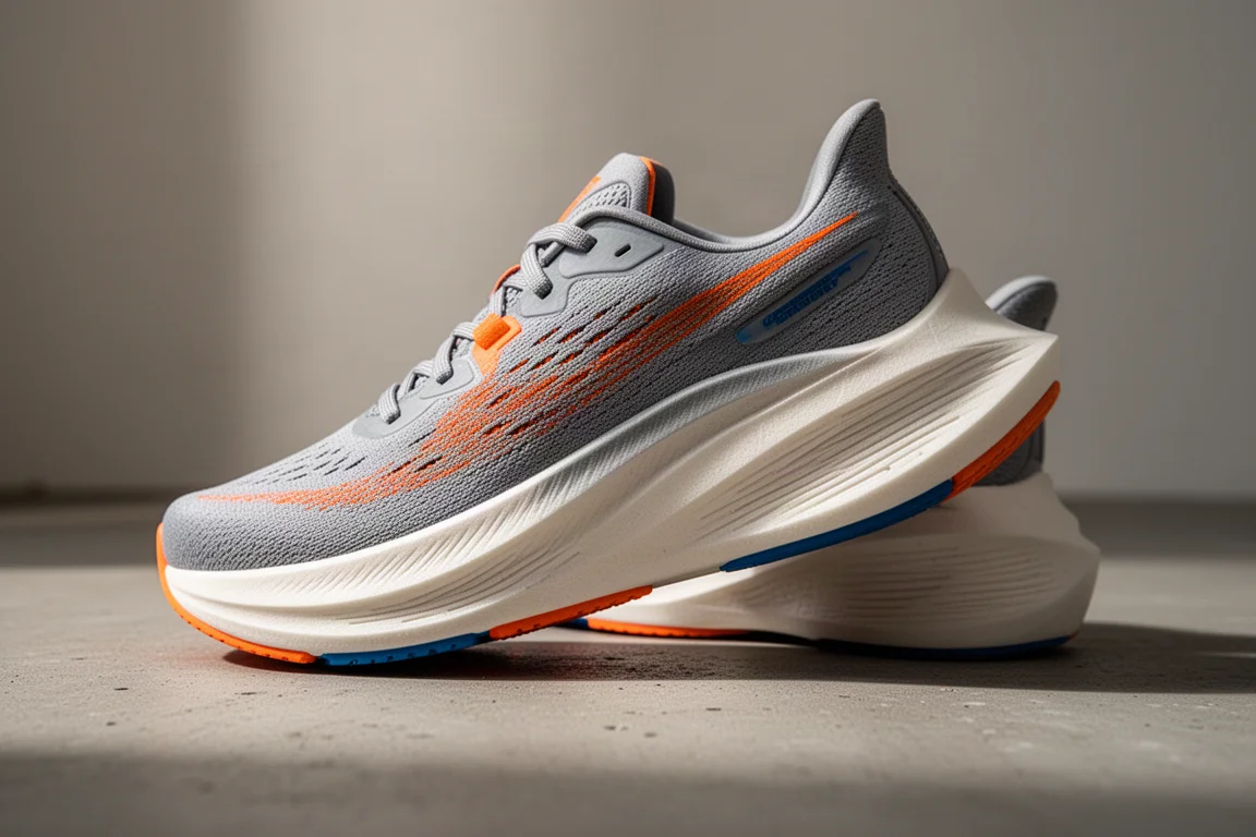 Close-up of a tall sculpted running shoe midsole on a concrete surface