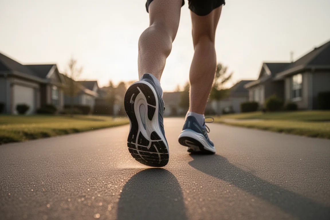 Runner landing on a wide cushioned heel during an easy run at dawn
