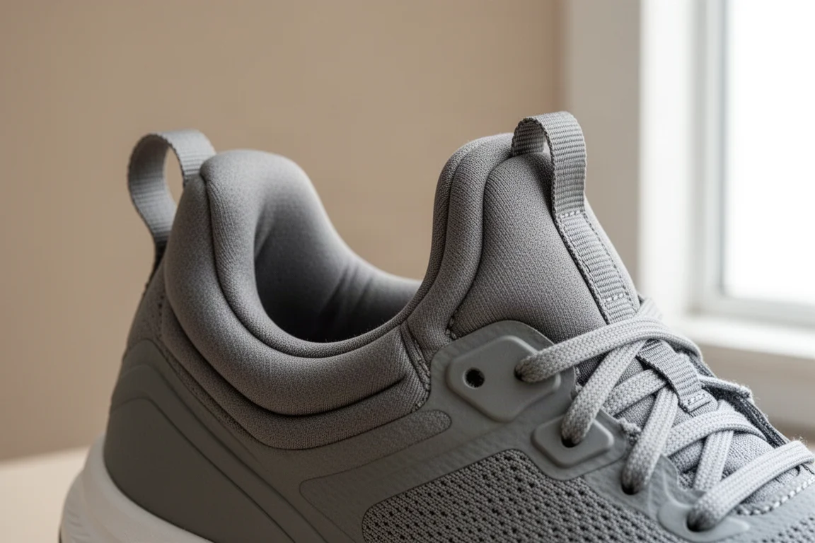 Padded heel collar and pull tab of a daily training shoe in soft light