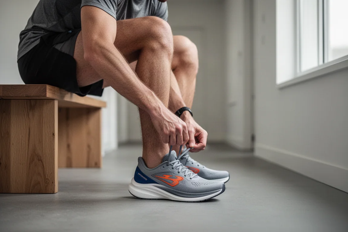Runner tying laces on a cushioned trainer before an easy recovery run