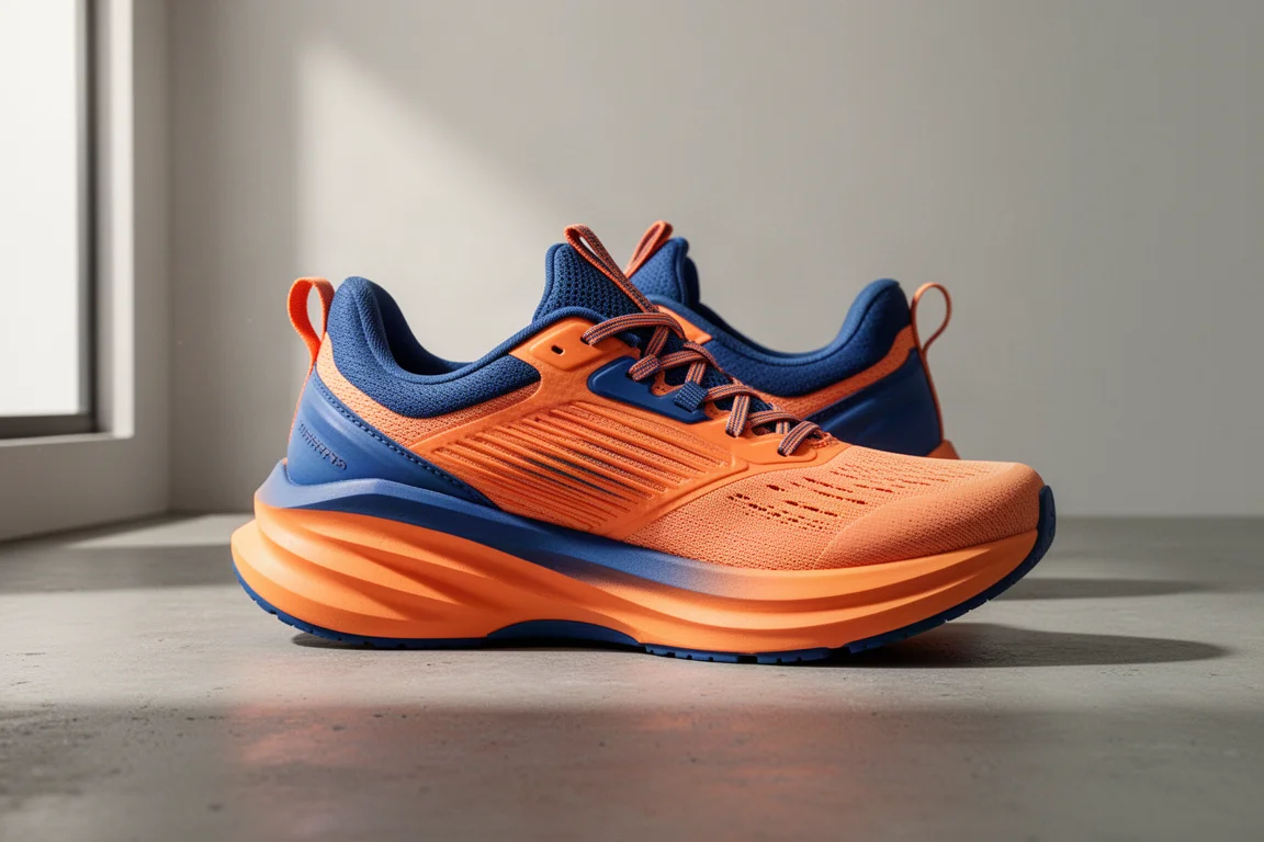 Saucony Guide 17 stability running shoe in orange and blue on concrete