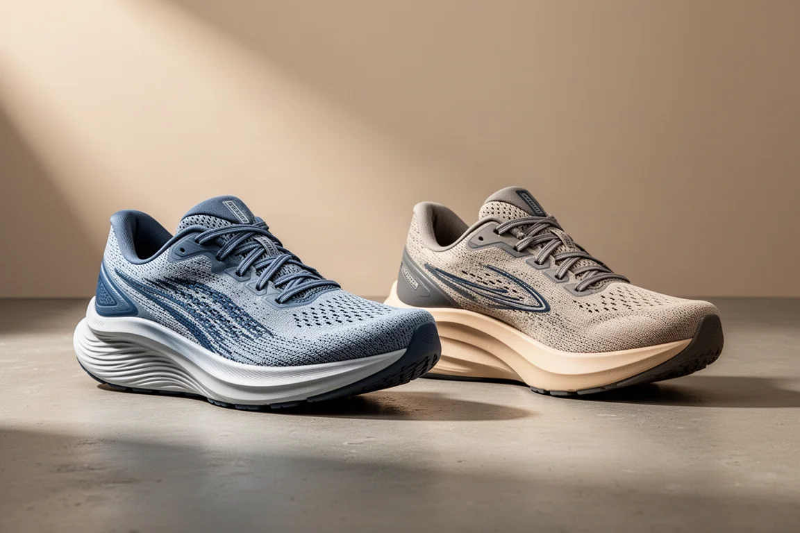 Two stability running shoes side by side on a concrete surface