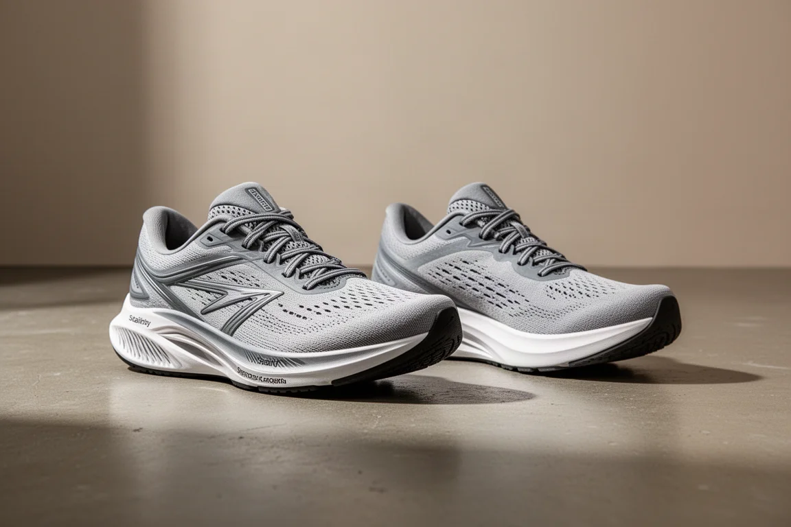 Deux chaussures de running stabilisatrices côte à côte sur un sol en béton