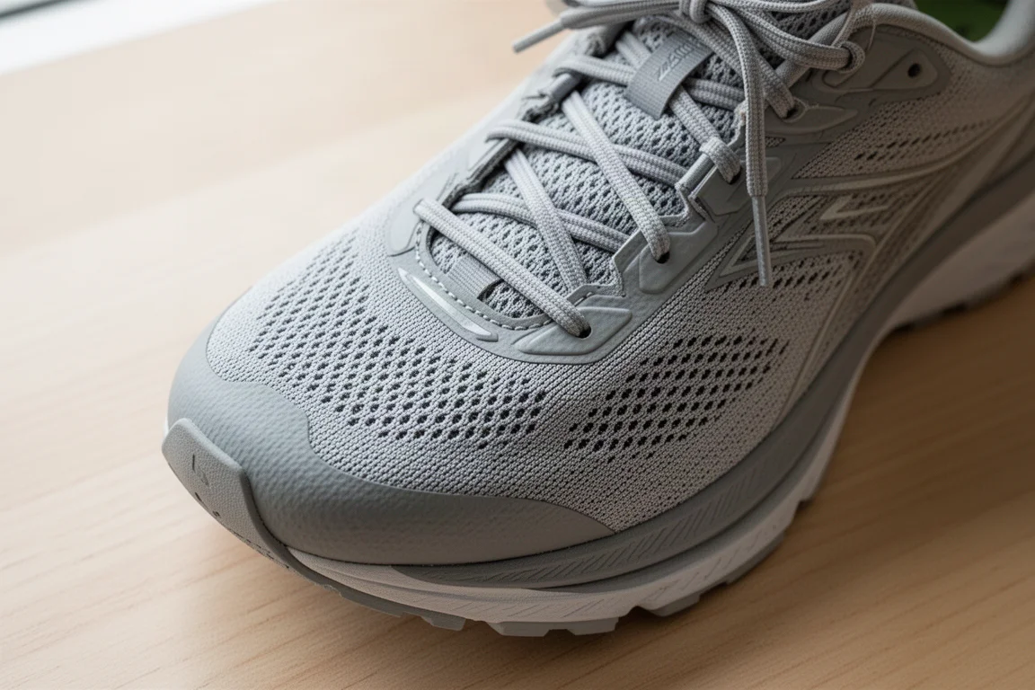 Gros plan sur la tige d'une chaussure de running montrant le laçage et l'avant-pied structuré