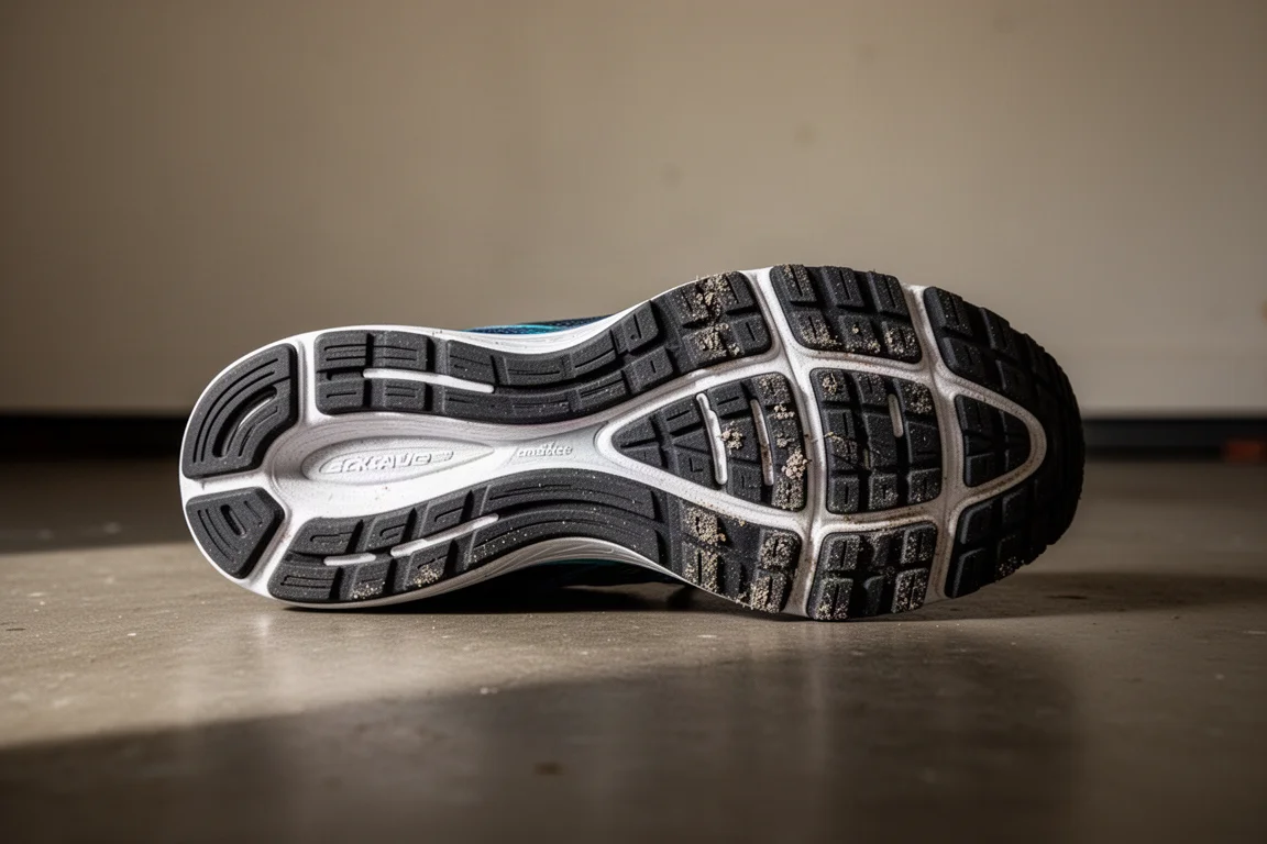 Semelle extérieure usée d'une chaussure de running sur un sol de garage montrant une usure légère