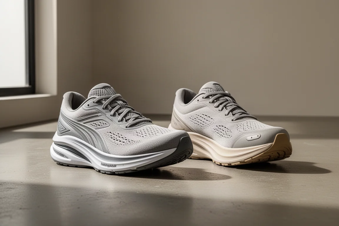 Two stability running shoes side by side on a matte concrete floor