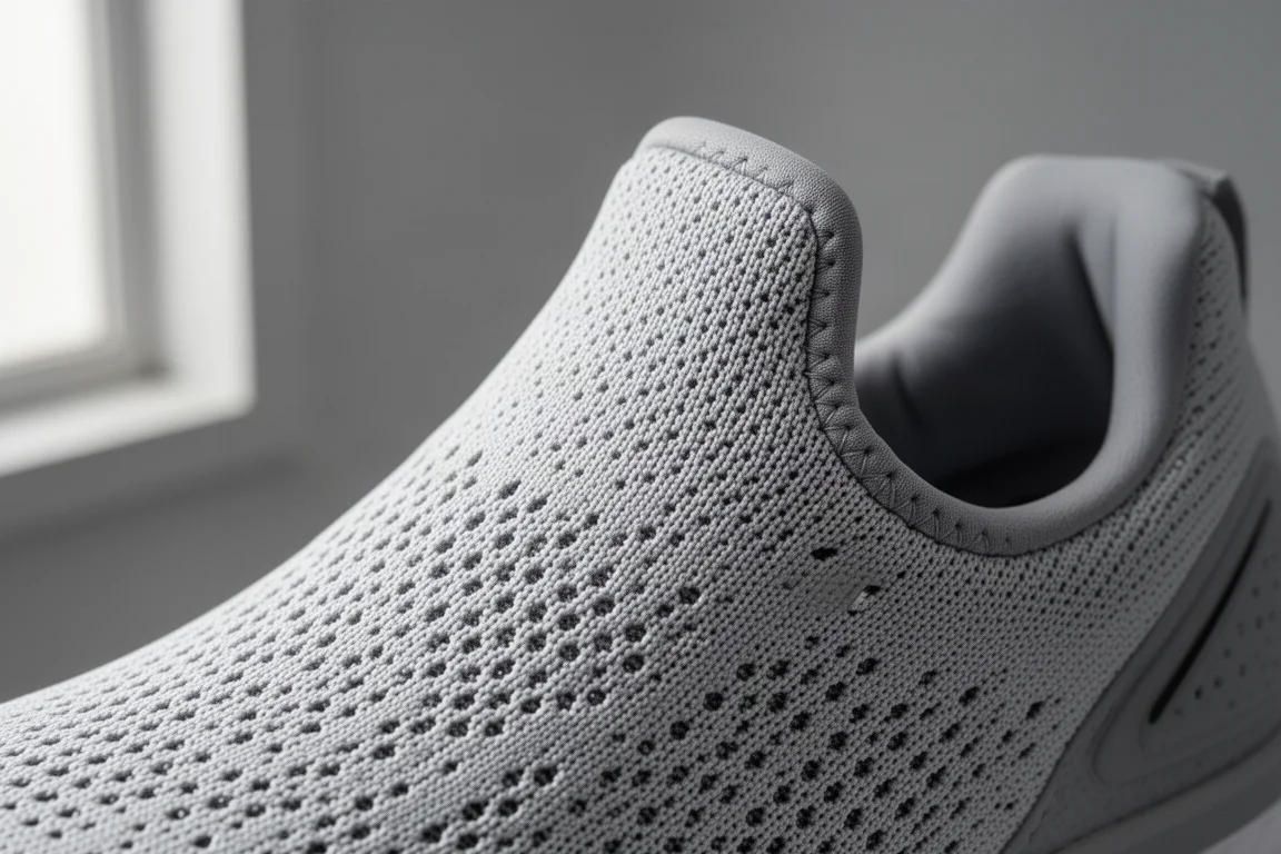 Primo piano della tomaia in mesh tecnico traspirante di una scarpa da running