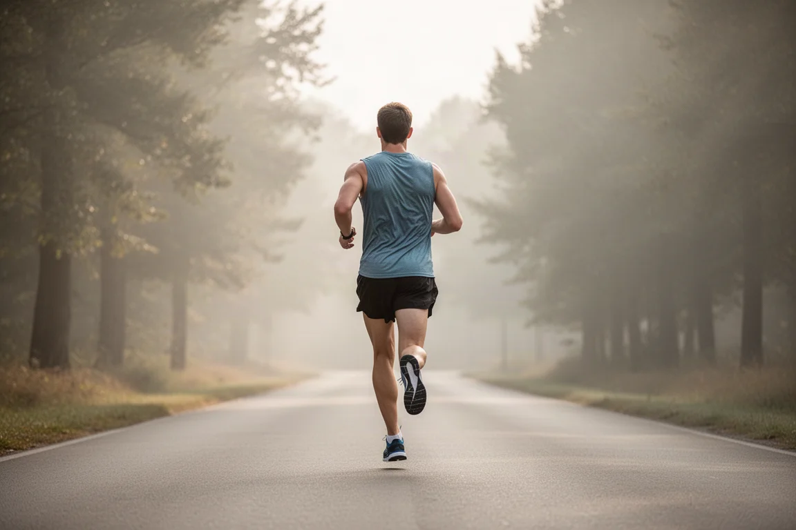 Un runner che corre lungo una strada tranquilla a ritmo blando
