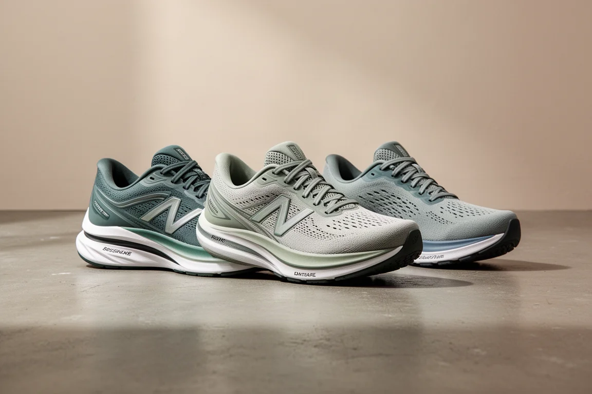 Tre scarpe da running affiancate su un pavimento di cemento
