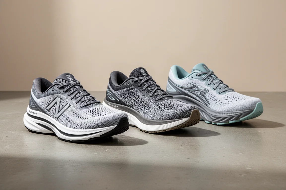 Three stability running shoes side by side on a concrete surface