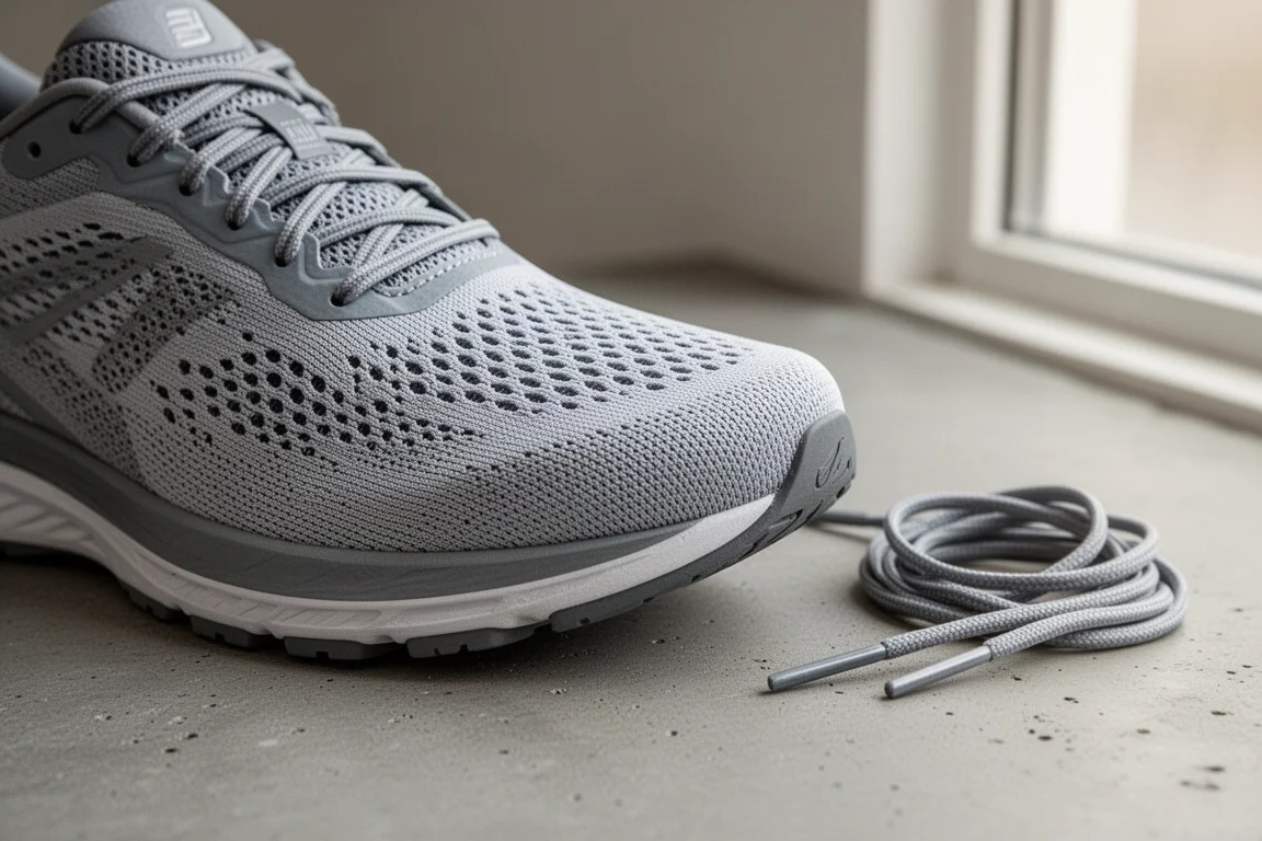 Nahaufnahme des technischen Mesh-Schafts, der sich über einen Schuhleisten spannt