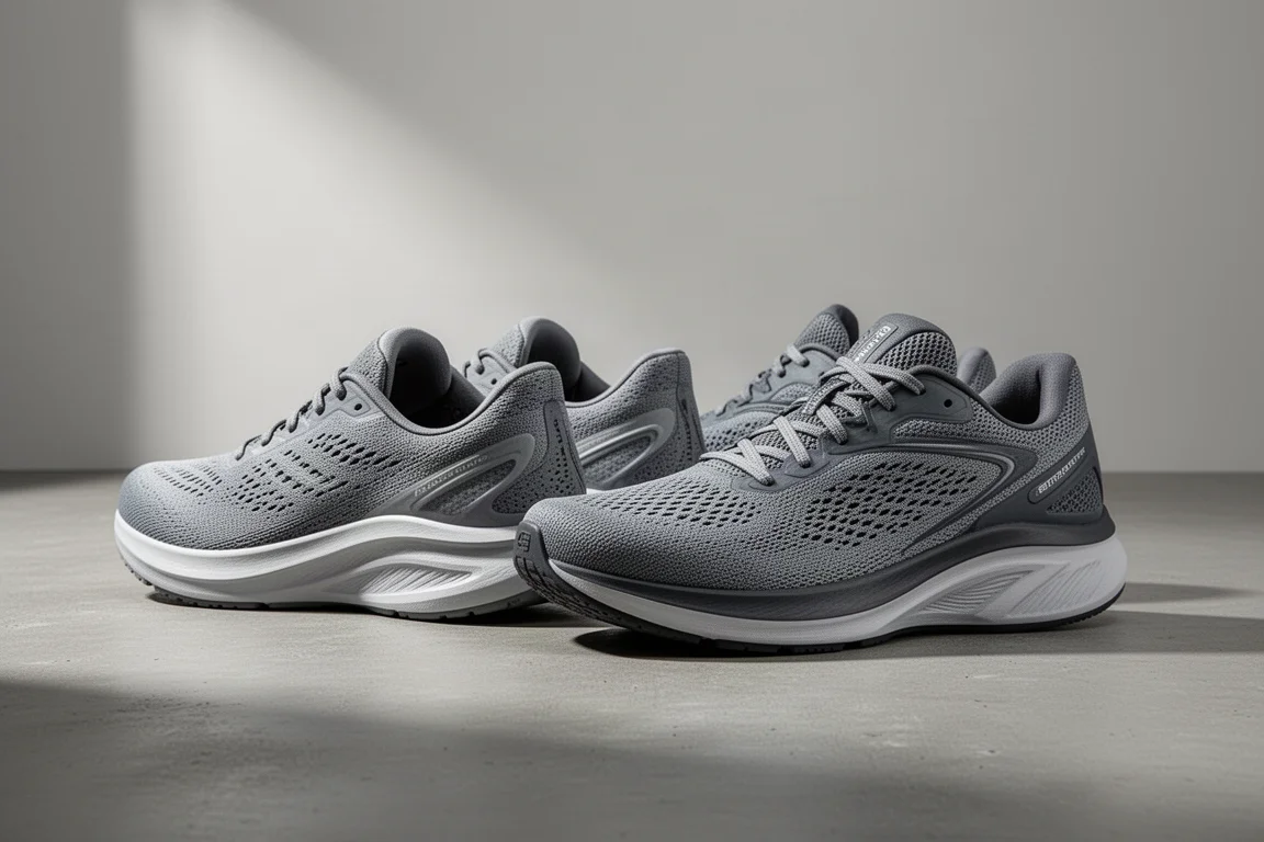 Two versions of stability running shoes side by side on a concrete studio surface