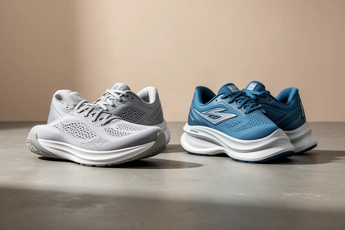 Two stability running shoes side by side on a concrete surface