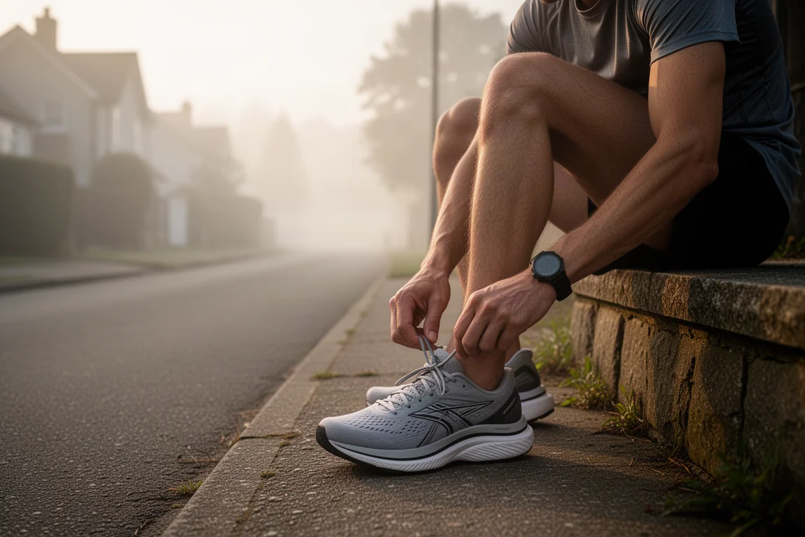 Runner lacing up a cushioned running shoe on a quiet road at dawn