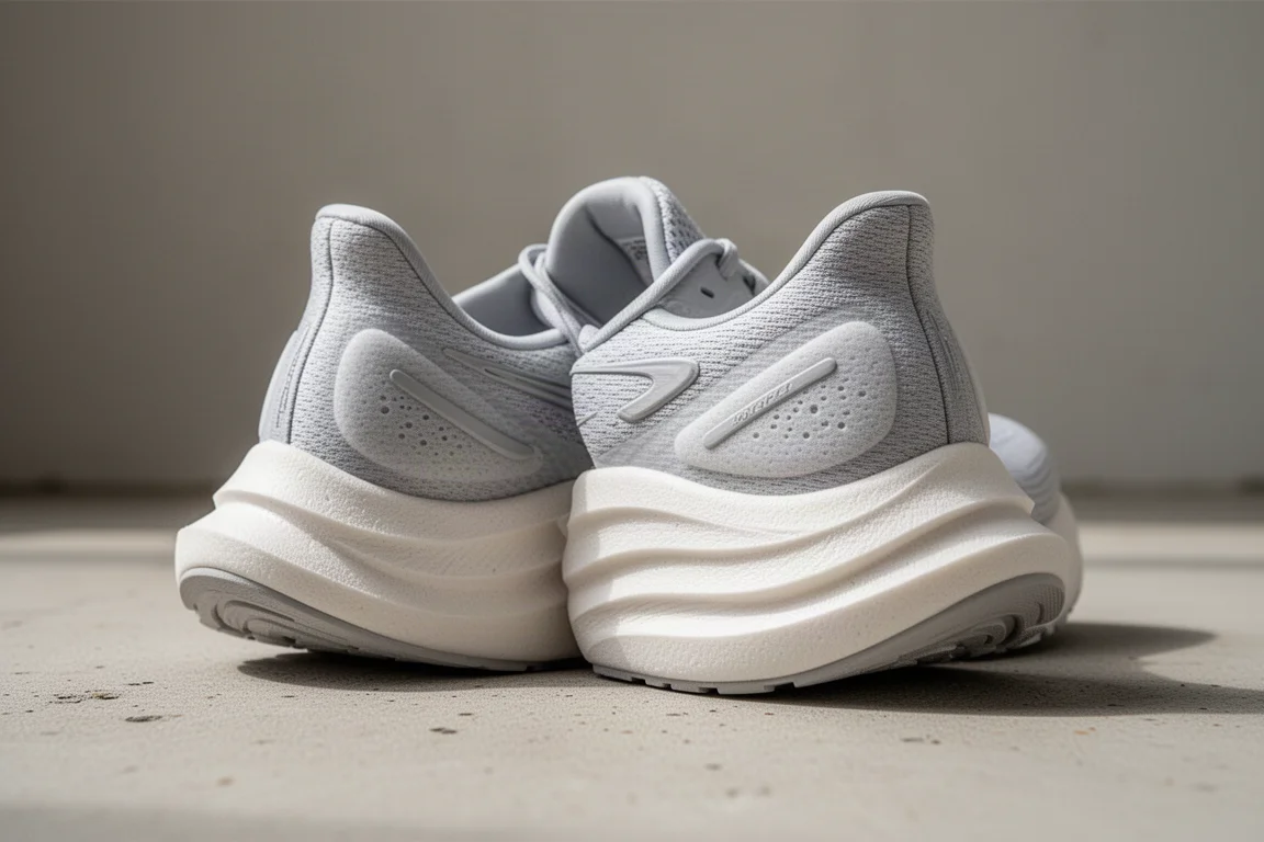 Close-up of a running shoe midsole showing a wide stable platform