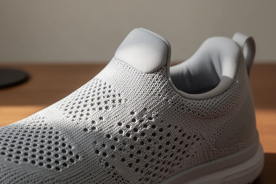 Engineered mesh upper of a running shoe in close detail