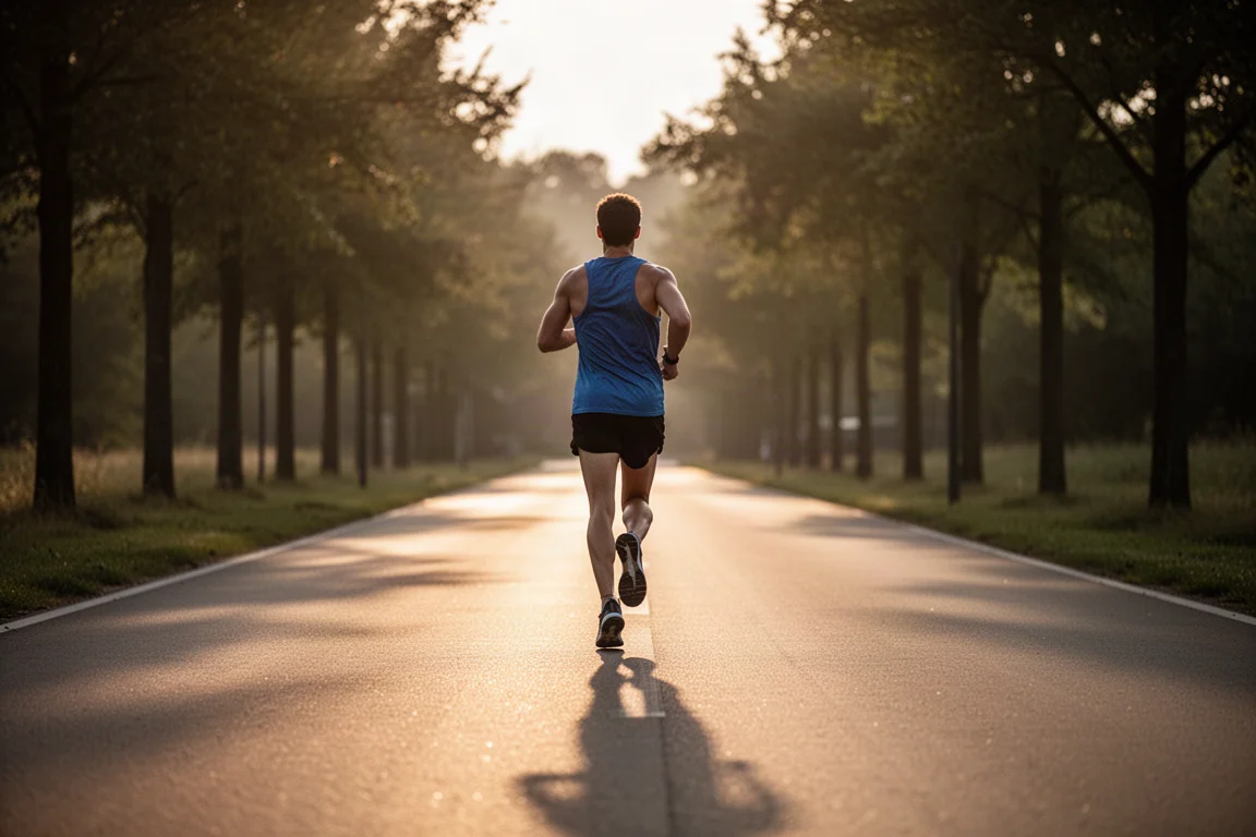 Runner logging easy miles on a smooth tarmac path in soft evening light