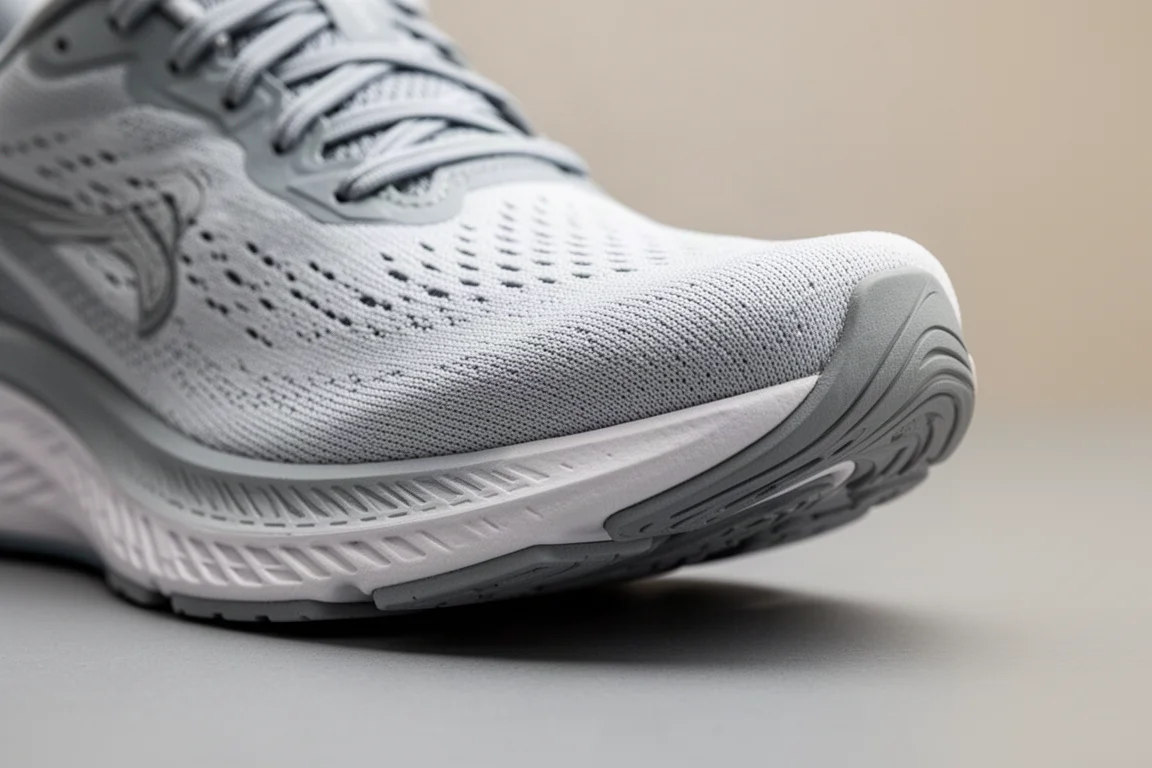 Nahaufnahme der ausgeprägten Zehensprengung an einer Laufschuhsohle