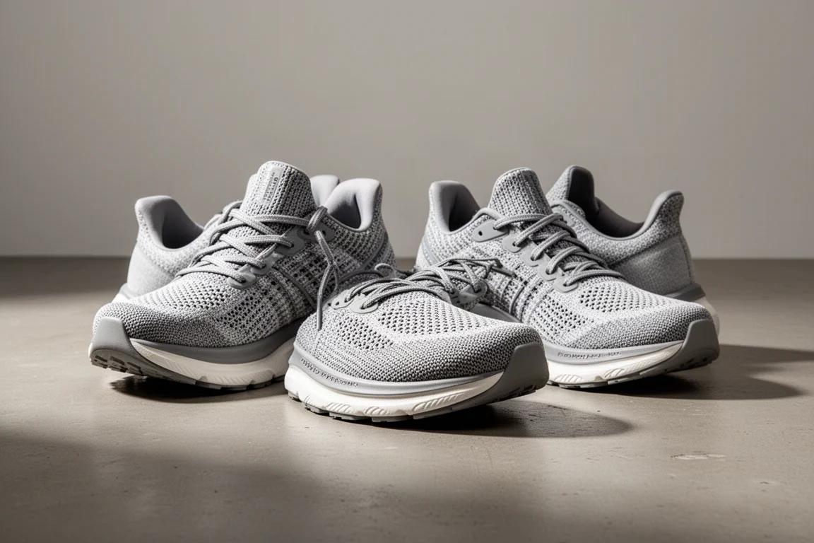 Two pairs of cushioned running shoes side by side on a concrete floor