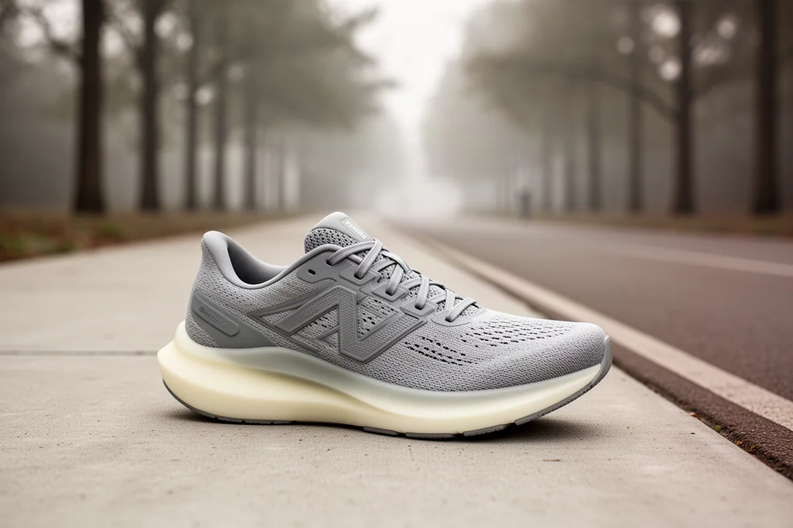 Max-cushion running shoe resting on a concrete path in soft morning light