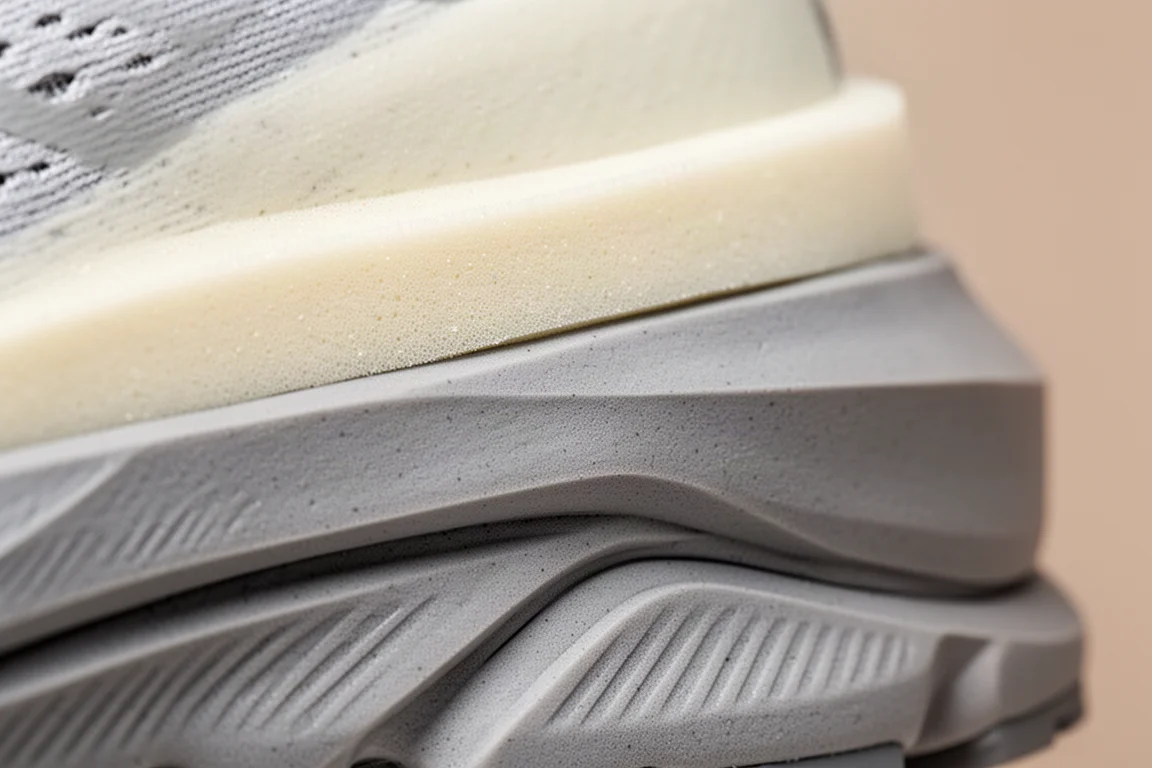 Close-up of layered dual-density foam midsole with visible arch frame