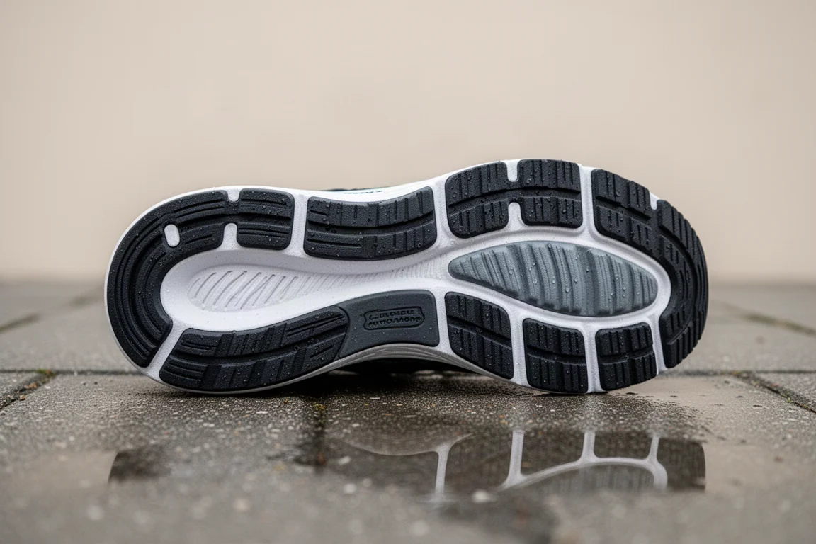 Outsole with dense rubber coverage placed on wet pavement