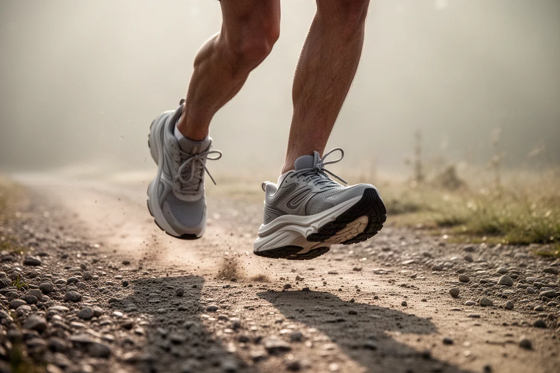 Runner's feet mid-stride on a gravel path wearing cushioned daily trainers