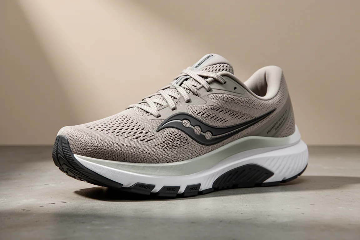 Saucony Huracan 25 max-cushion running shoe on a matte concrete surface