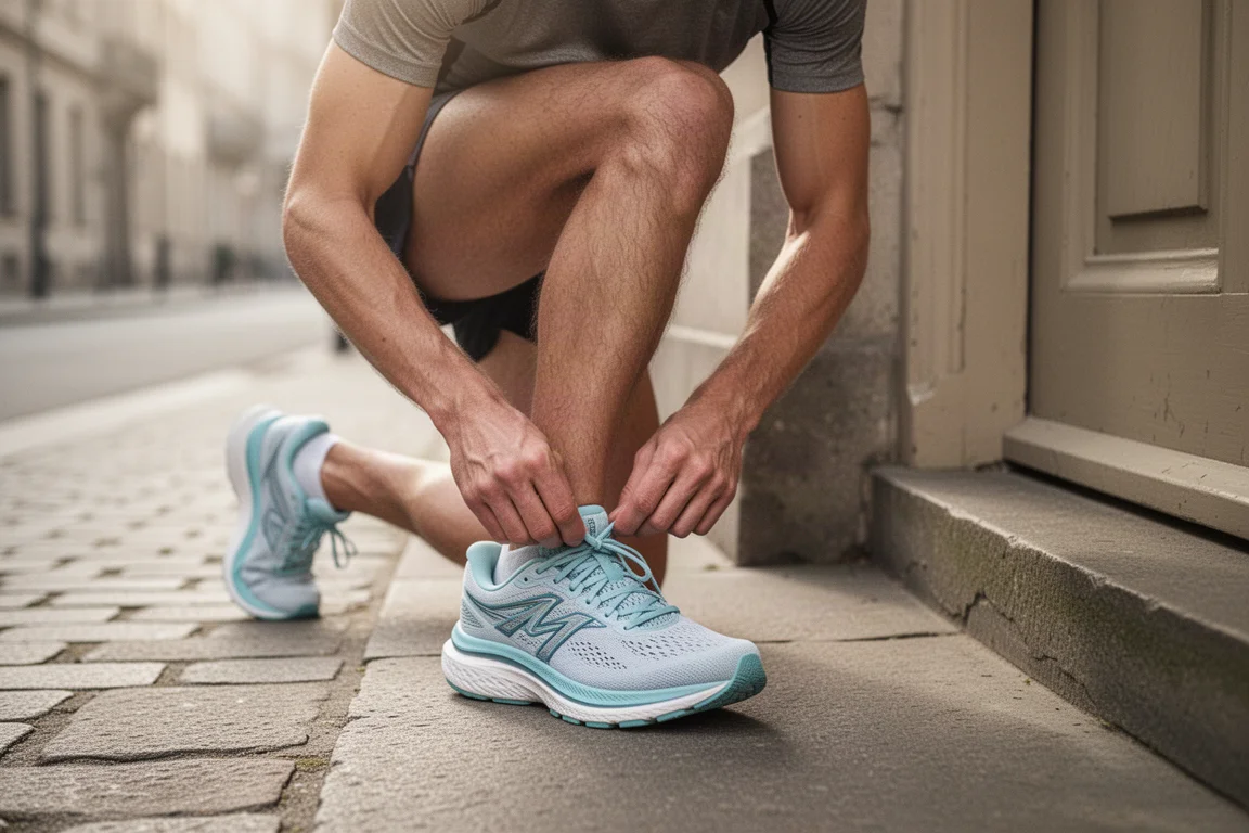 Runner lacing up a plush max-cushion running shoe on a doorstep before an easy run