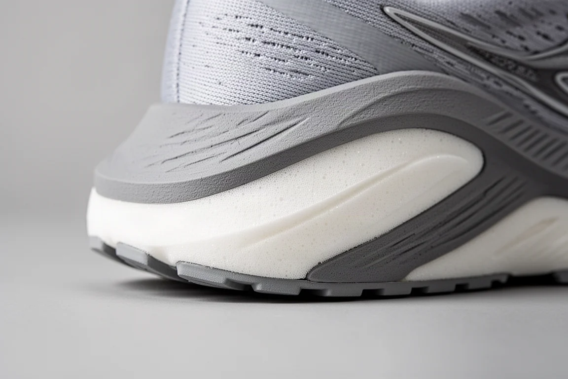 Close-up of a layered two-foam midsole stack on a running shoe