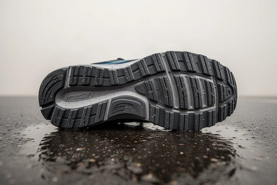 Outsole tread pattern of a road running shoe gripping damp pavement