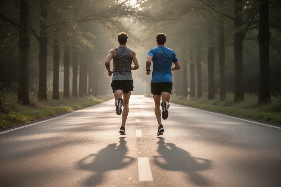 Runners jogging at an easy pace along a quiet tarmac road
