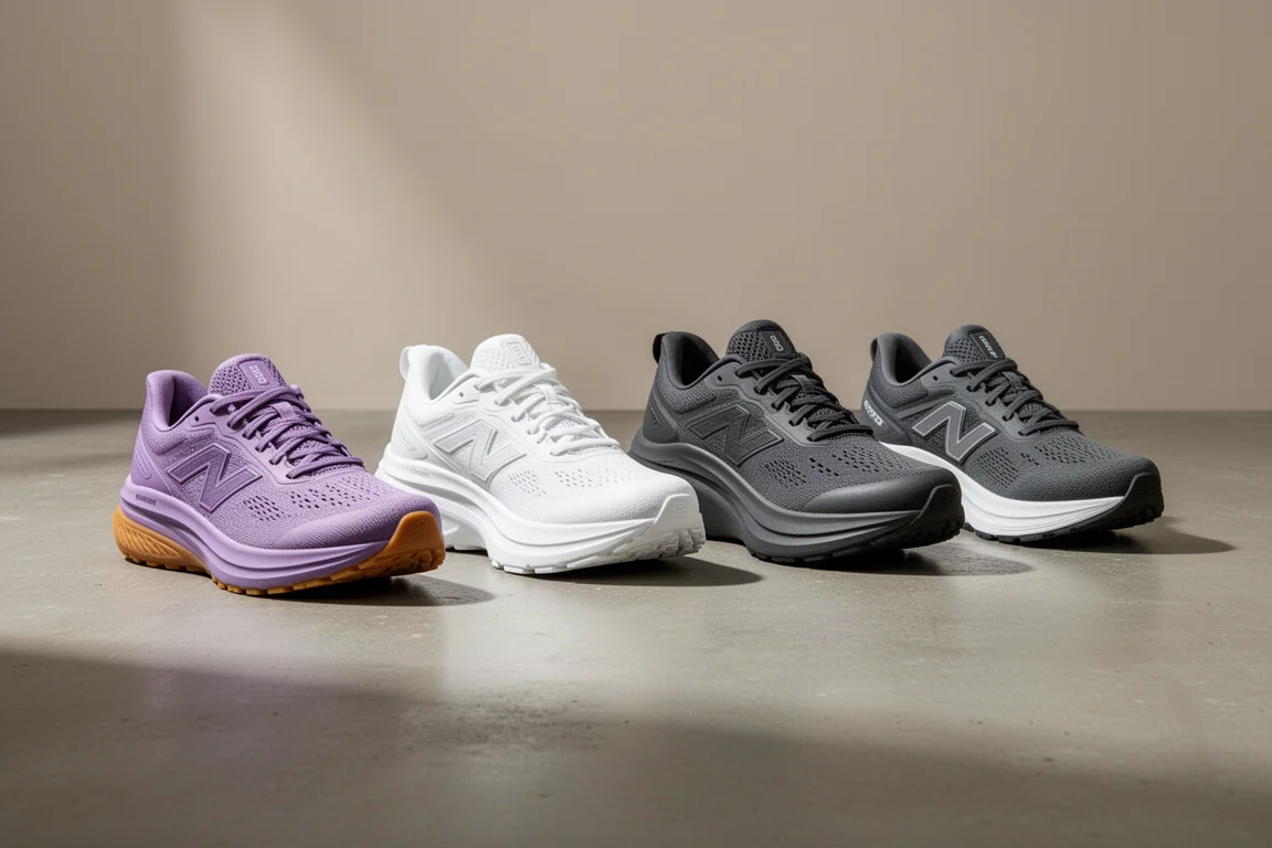 Four max cushion running shoes arranged in a row on a concrete surface