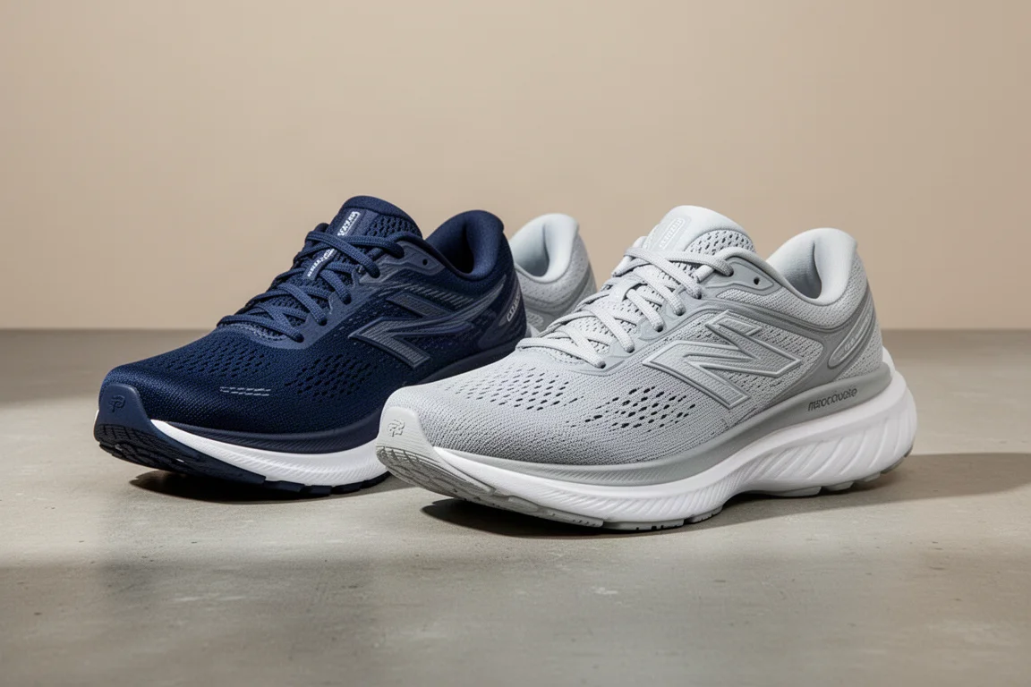 Saucony Hurricane 24 and New Balance More v5 running shoes side by side on concrete