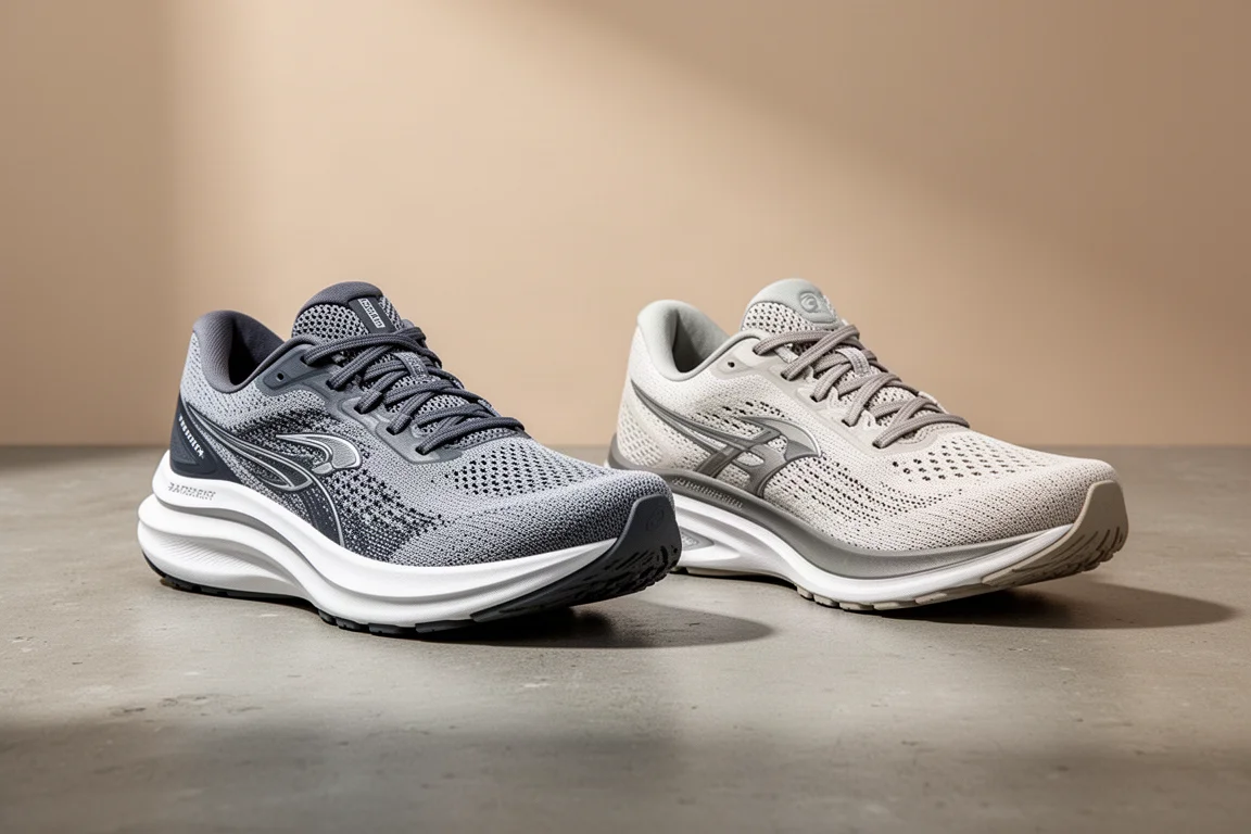 Two Saucony stability running shoes side by side on a concrete surface