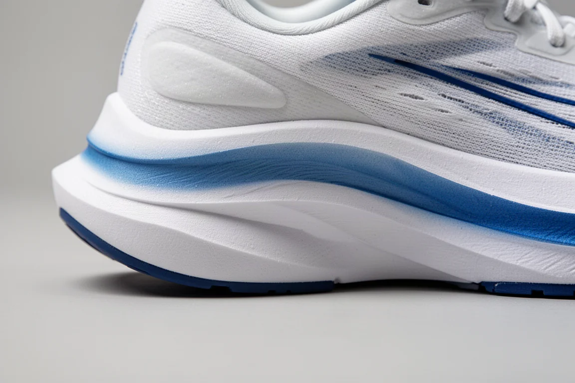 Primo piano della larga base dell'interfila di una moderna scarpa da running max-ammortizzata