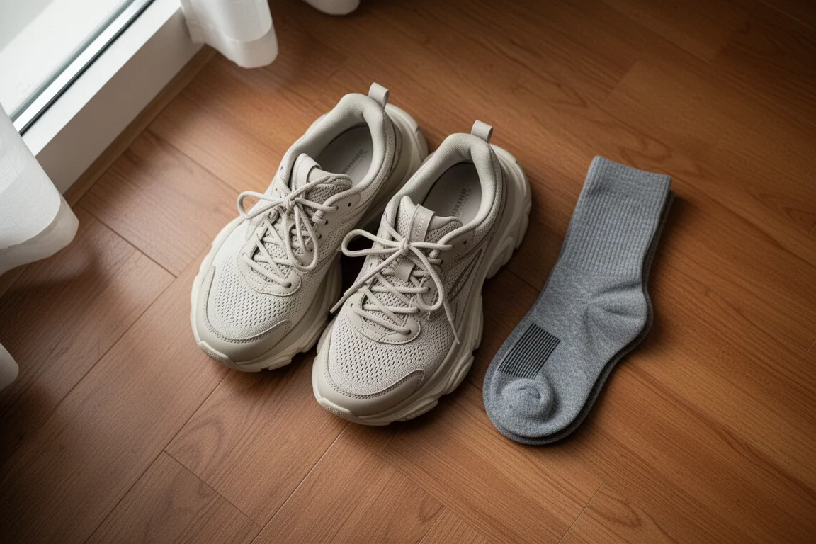 Coppia di scarpe da running ammortizzate su un pavimento in legno accanto a calze da running