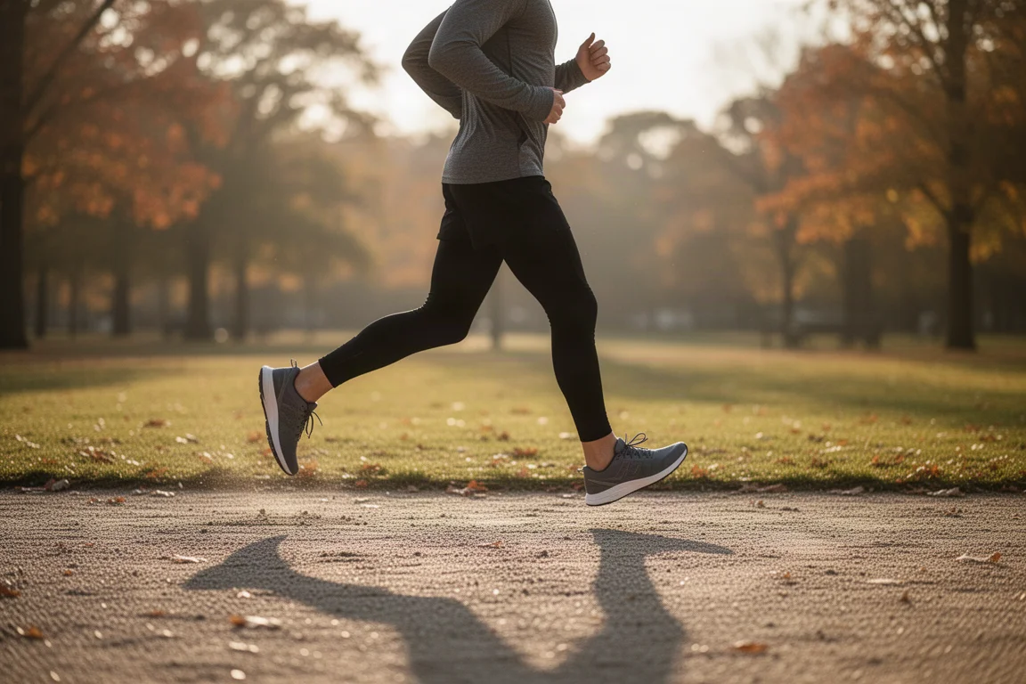 Corridore a passo facile e rilassato su un sentiero pianeggiante nel parco nel tardo pomeriggio