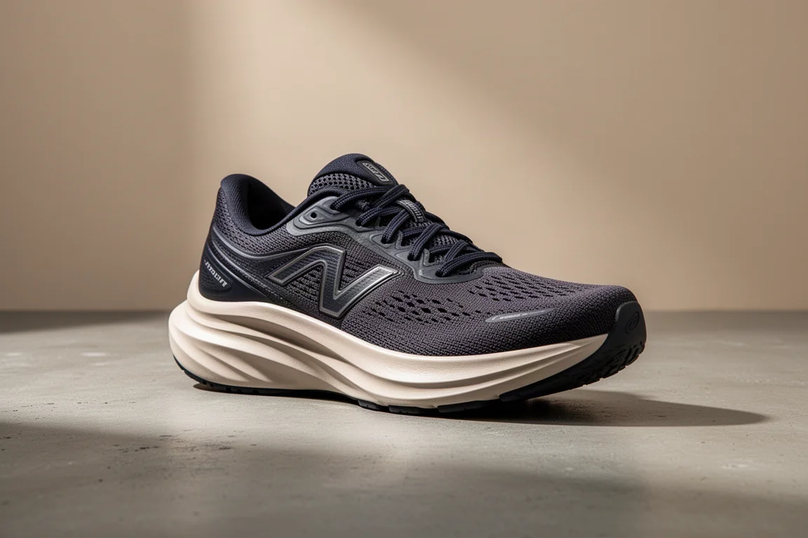 Stability running shoe with thick cushioned midsole on concrete surface