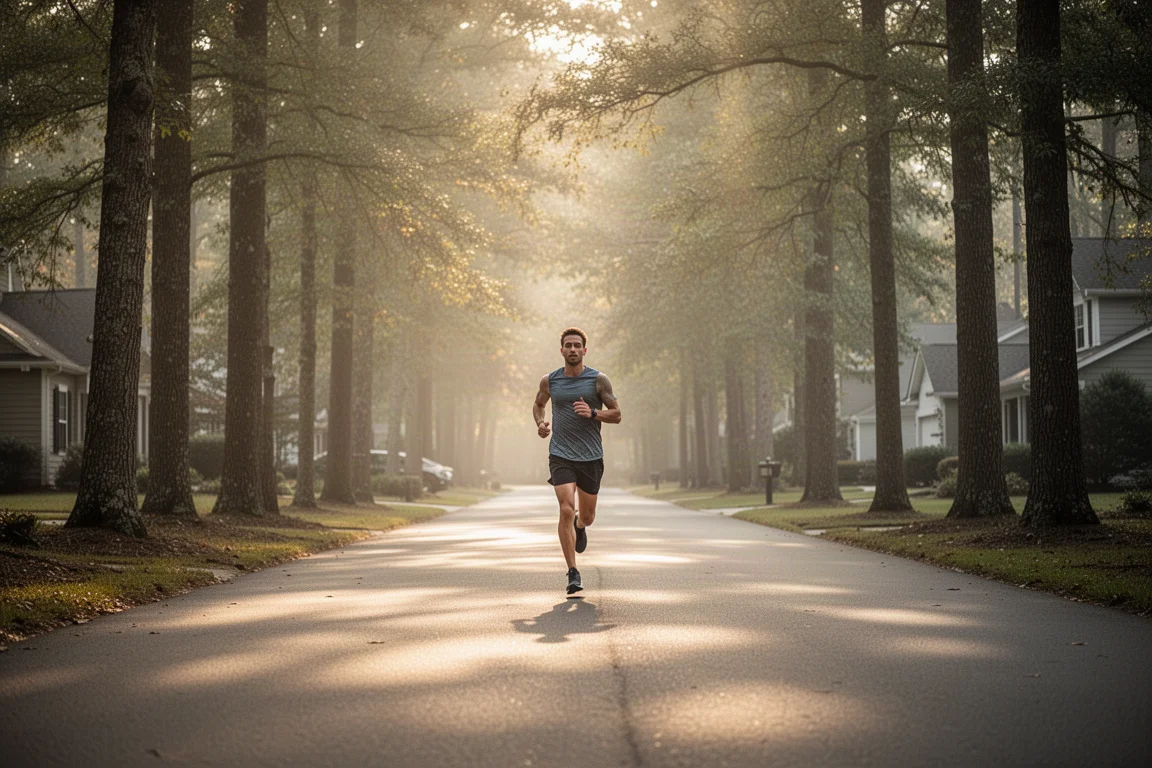 Coureur laçant une chaussure de running stability à épaisse semelle amortissante sur un trottoir urbain