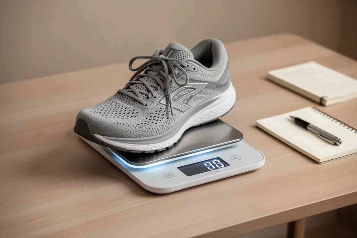 Semelle intermédiaire épaisse d'une chaussure de running s'enfonçant dans un sol souple, montrant la profondeur d'amorti
