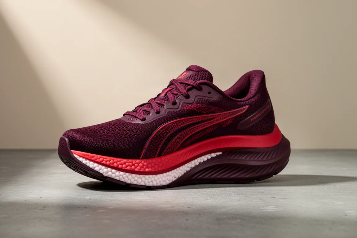 Saucony Hurricane 25 running shoe with thick layered midsole on concrete surface