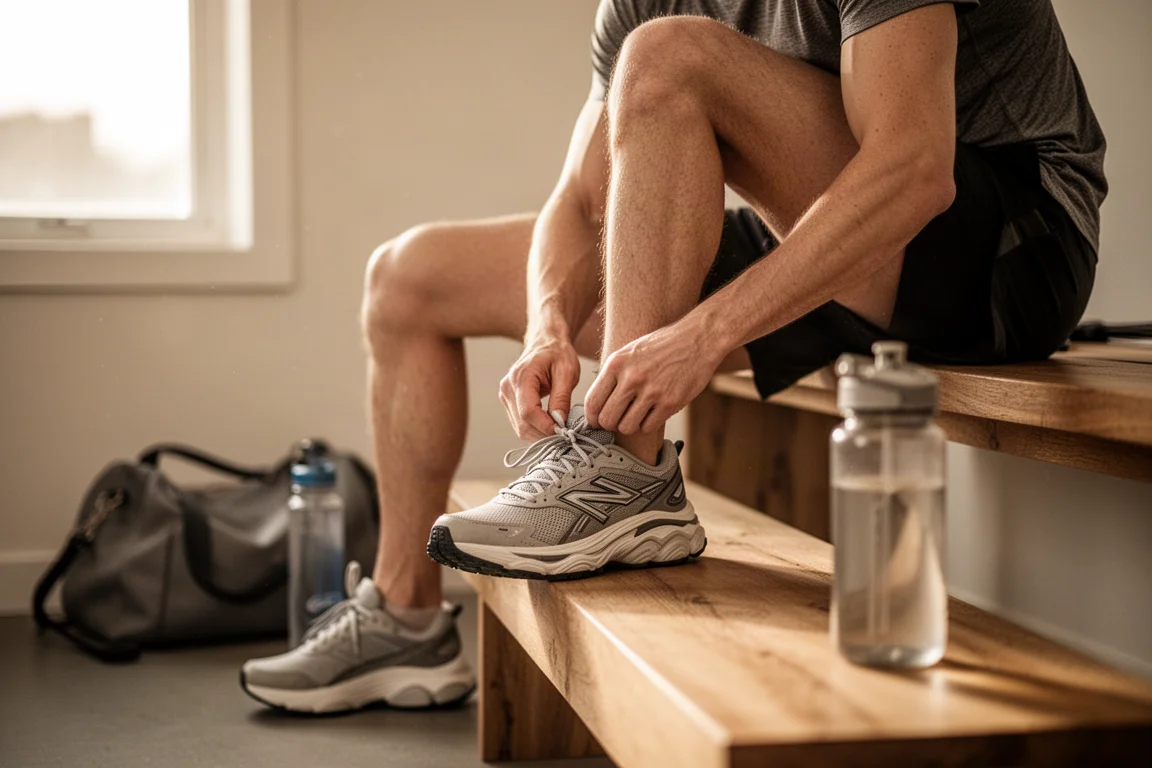 Un runner allaccia una scarpa da running ammortizzata su un pavimento in legno prima di una corsa leggera