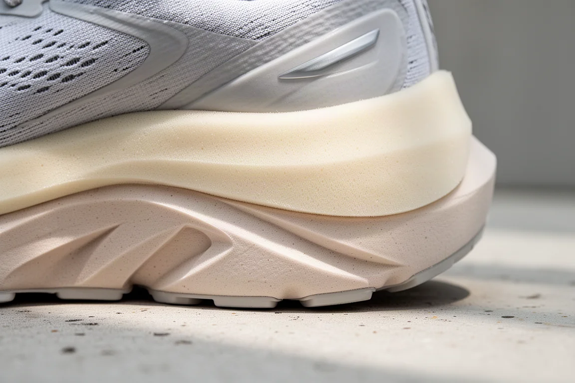 Primissimo piano della schiuma del midsole bicolore e spessa di una scarpa da running