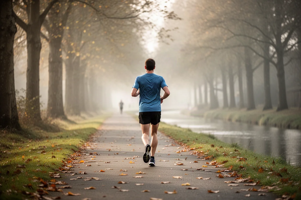 Un runner procede comodamente lungo un sentiero in riva al canale nella dolce luce del pomeriggio