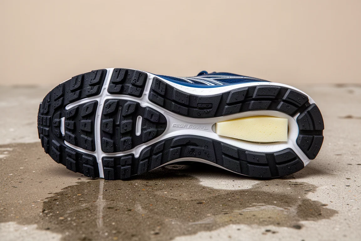 Primissimo piano della suola esterna di una scarpa da running che mostra la copertura in gomma e il midsole esposto