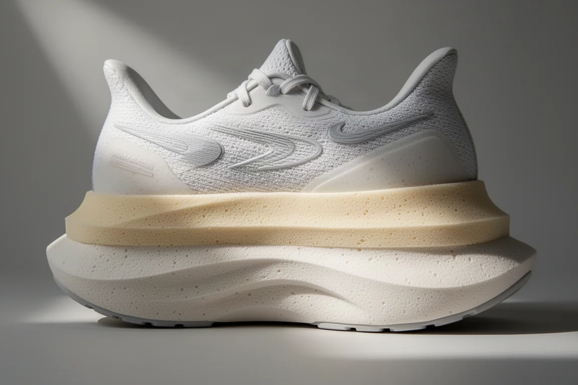 Zbliżenie na midsole buta do biegania z widoczną warstwową konstrukcją pianki i szeroką bazą
