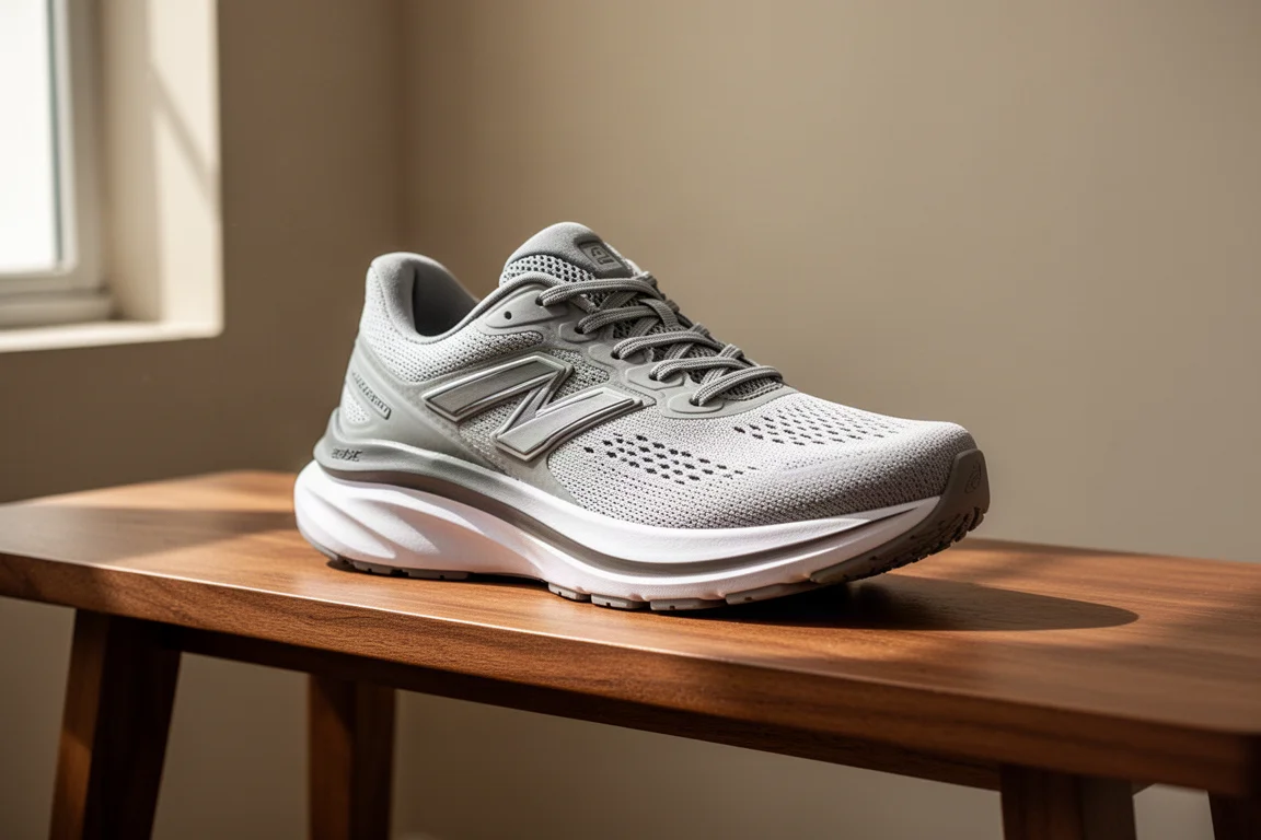 Saucony Hurricane 26, scarpa running da stabilità con midsole spessa, su una panca di legno