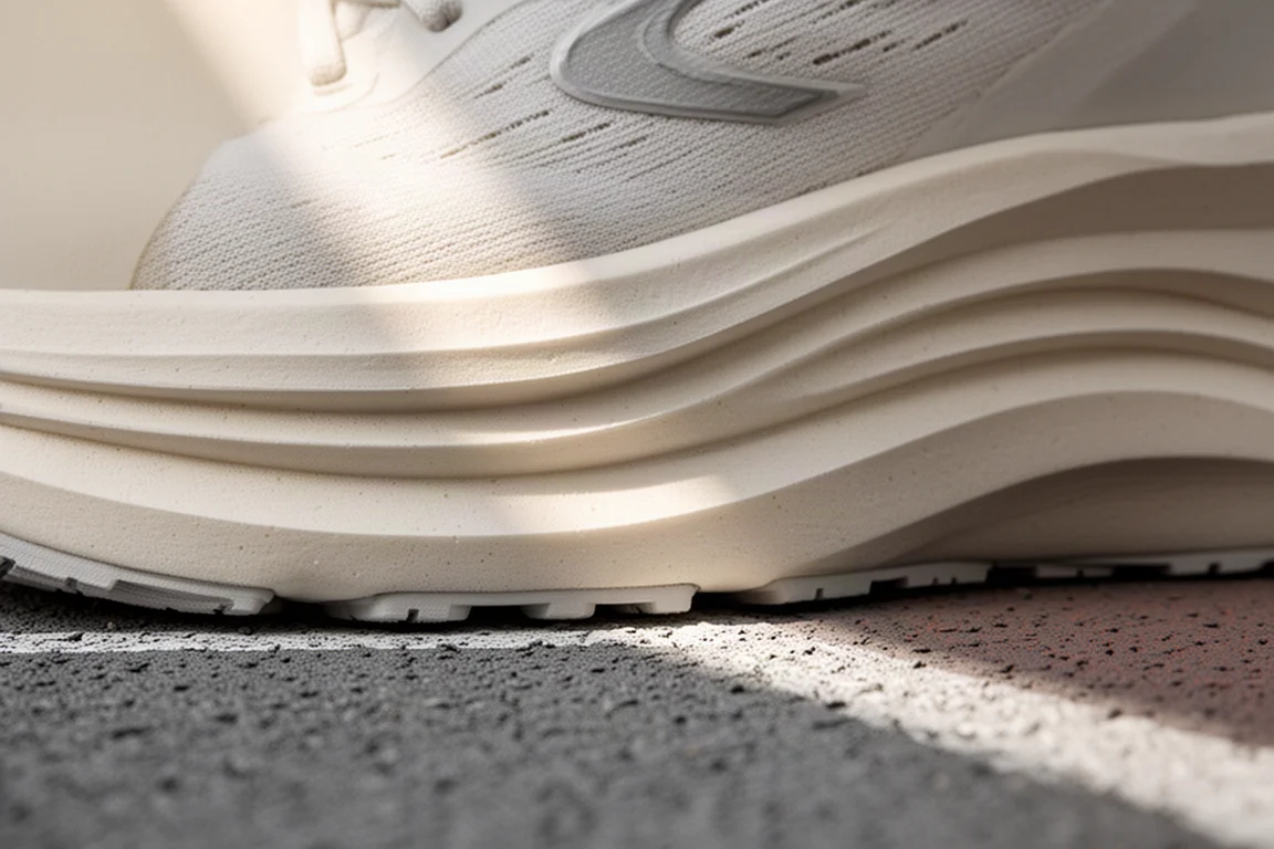Primo piano del midway spessissimo e ammortizzato di una scarpa da running su una pista