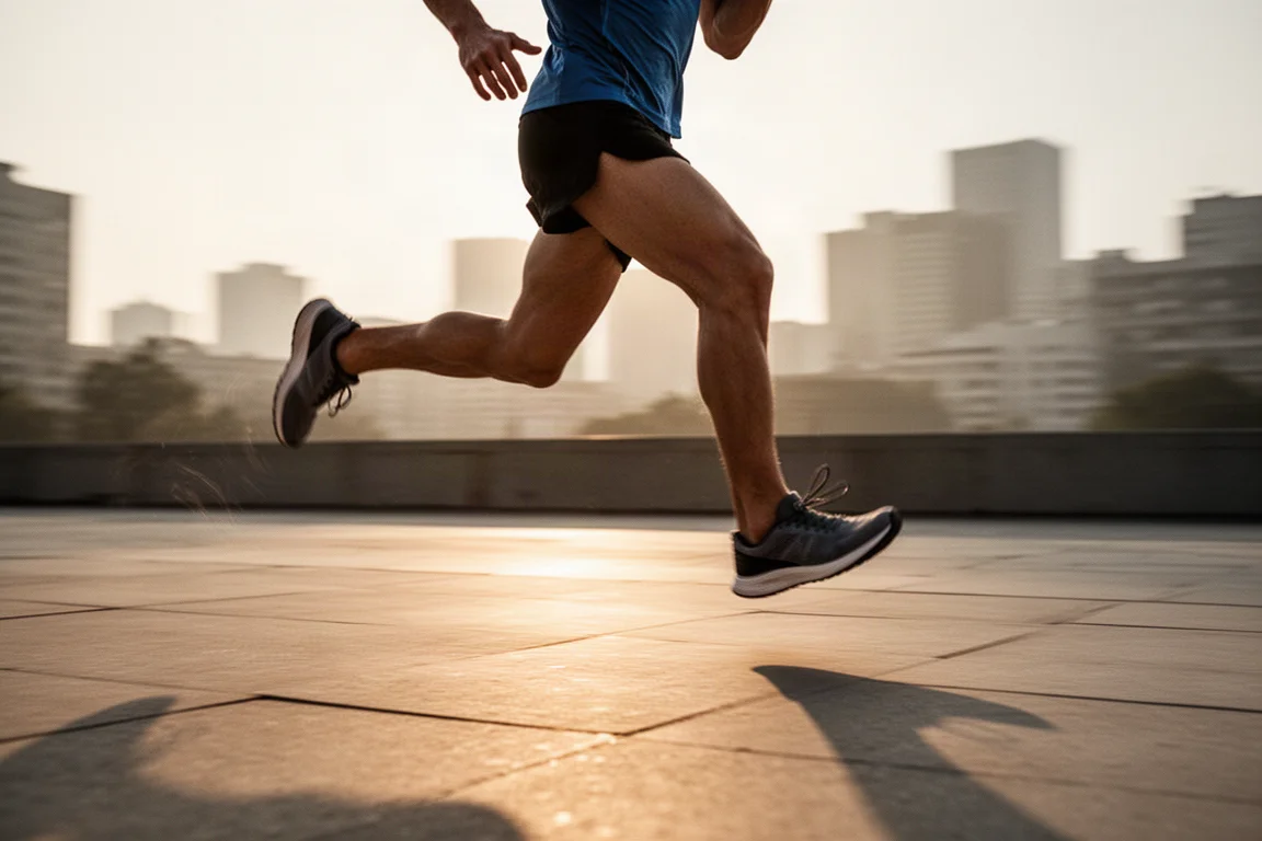 Runner che atterra a metà appoggio su asfalto liscio nella luce soffusa del mattino